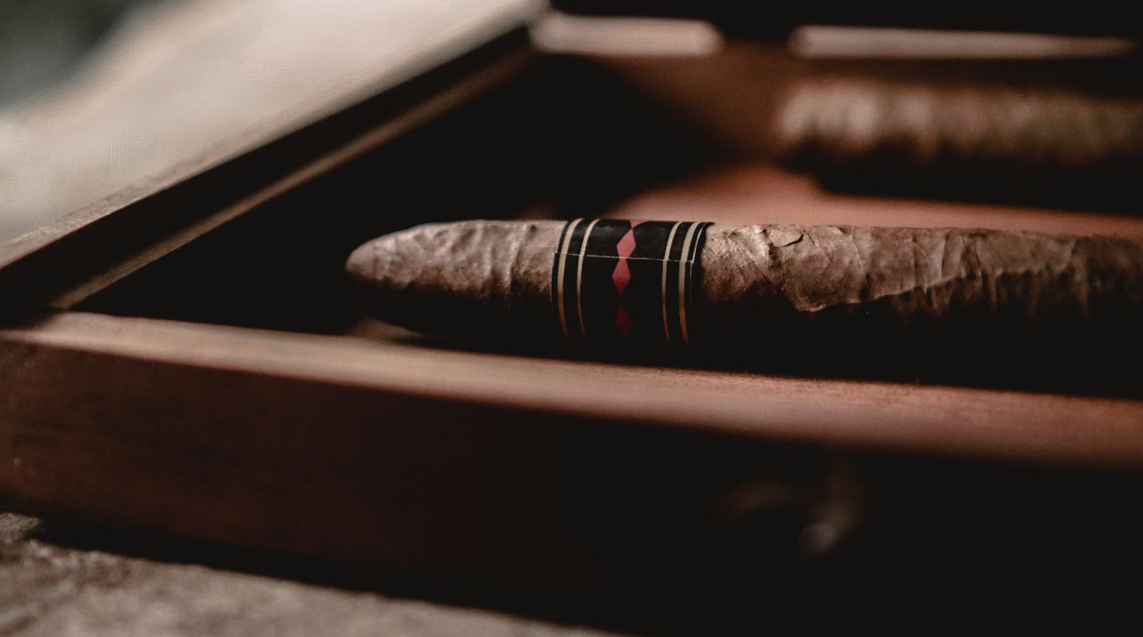 A banded cigar resting in an open wooden box.